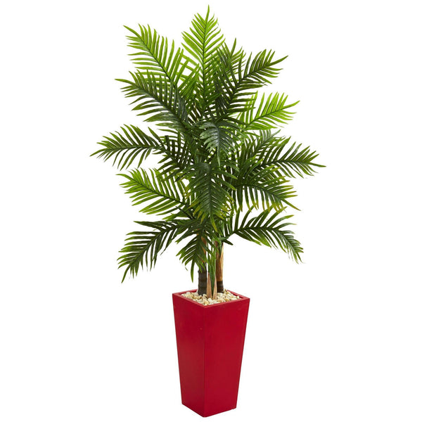 red palm indoor plant 5.5' Areca Palm Artificial Tree in Red Planter (Real Touch)