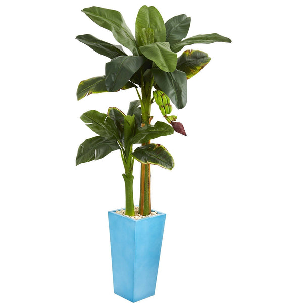 5.5’ Banana Artificial Tree in Turquoise Tower Vase