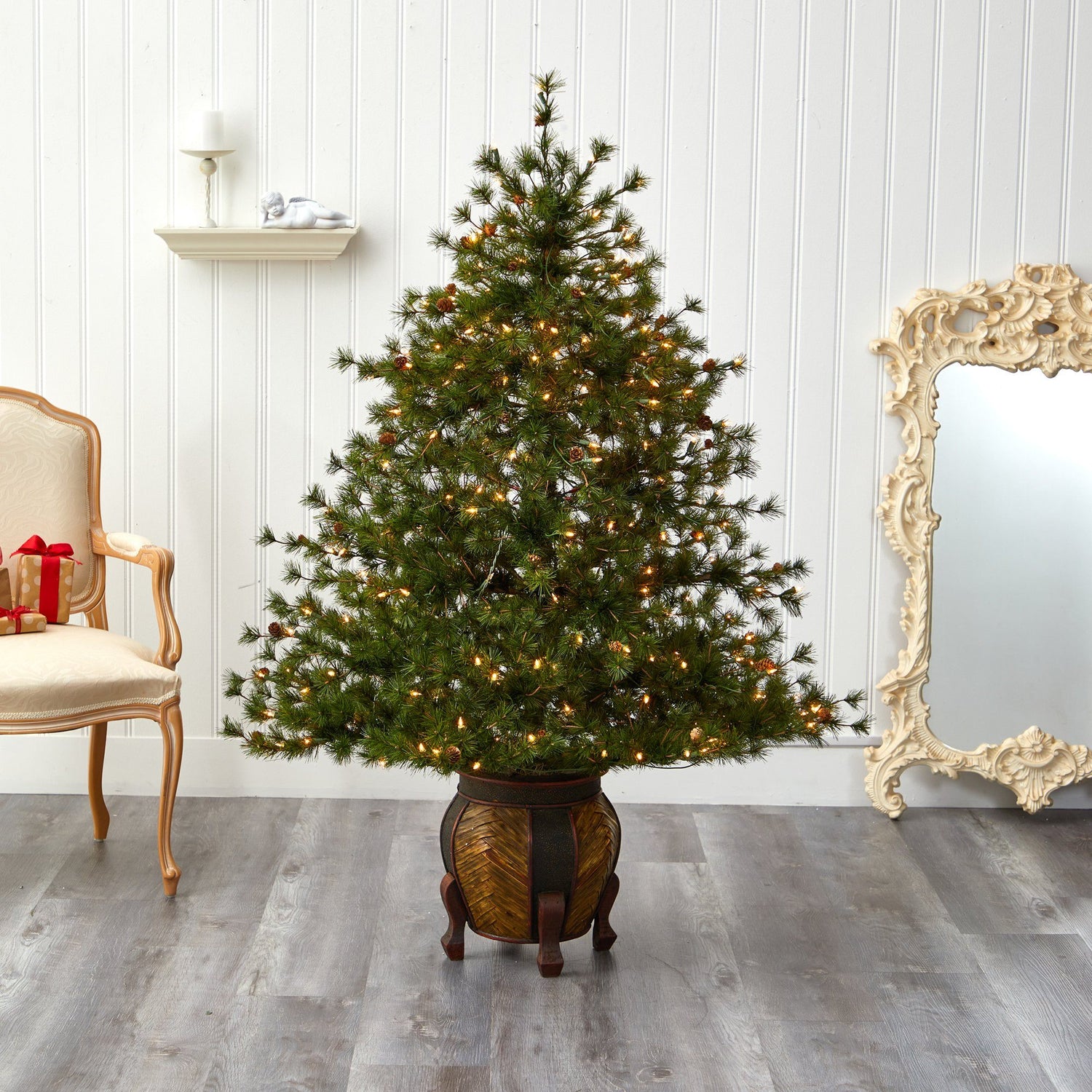 5.5’ Colorado Mountain Pine Artificial Christmas Tree with 250 Clear Lights, 669 Bendable Branches and Pine Cones in Decorative Planter