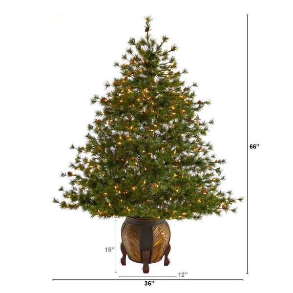 5.5’ Colorado Mountain Pine Artificial Christmas Tree with 250 Clear Lights, 669 Bendable Branches and Pine Cones in Decorative Planter