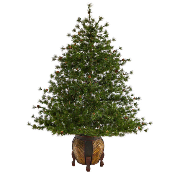 5.5’ Colorado Mountain Pine Artificial Christmas Tree with 250 Clear Lights, 669 Bendable Branches and Pine Cones in Decorative Planter