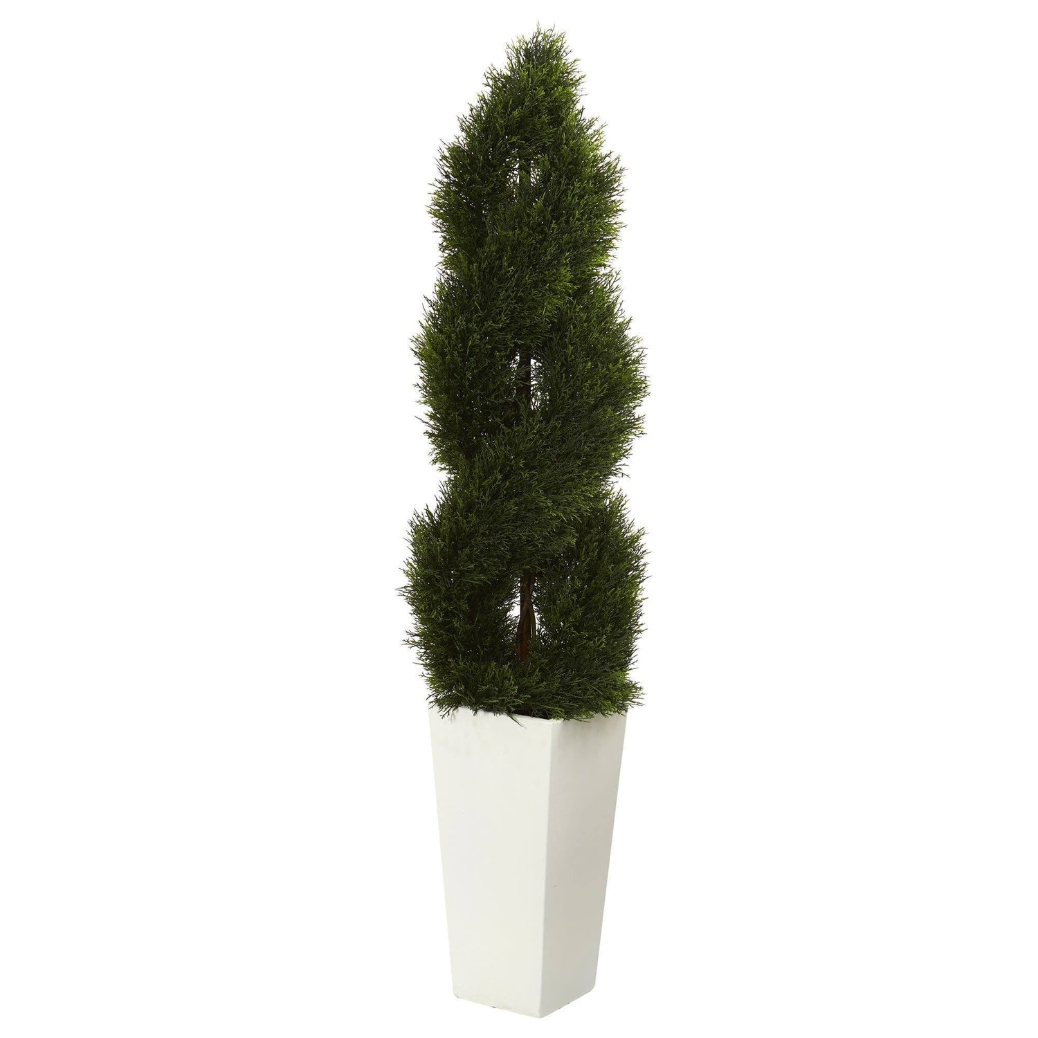 5.5’ Double Cypress Spiral Topiary Artificial Tree in White Planter (Indoor/Outdoor)