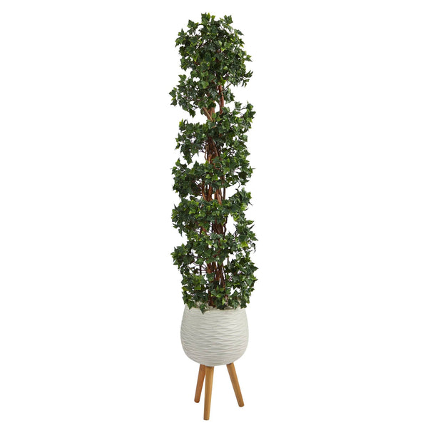 5.5’ English Ivy Topiary Spiral Artificial Tree in White Planter with Stand  (Indoor/Outdoor)
