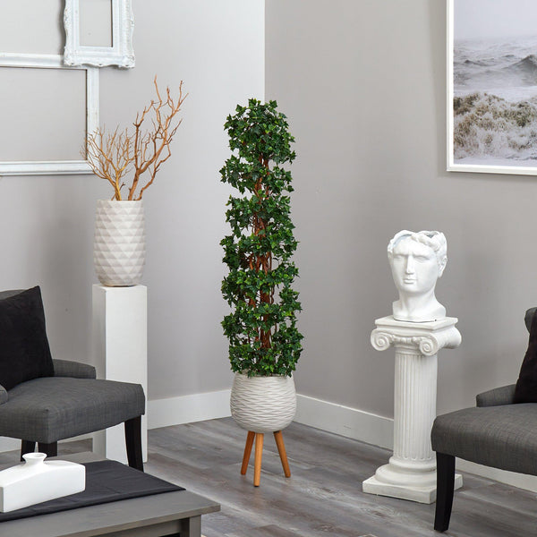 5.5’ English Ivy Topiary Spiral Artificial Tree in White Planter with Stand  (Indoor/Outdoor)