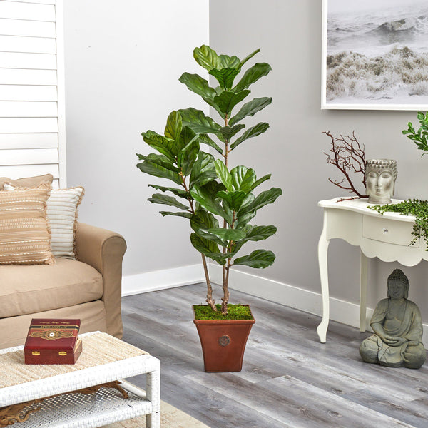 5.5’ Fiddle Leaf Artificial Tree in Brown Planter (Indoor/Outdoor)