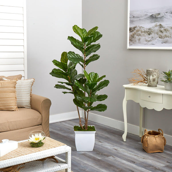 5.5’ Fiddle Leaf Artificial Tree in White Metal Planter(Indoor/Outdoor)