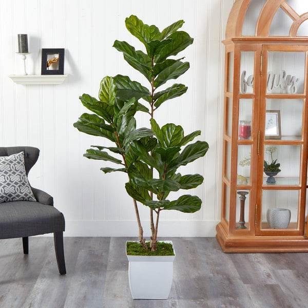 5.5’ Fiddle Leaf Artificial Tree in White Metal Planter(Indoor/Outdoor)