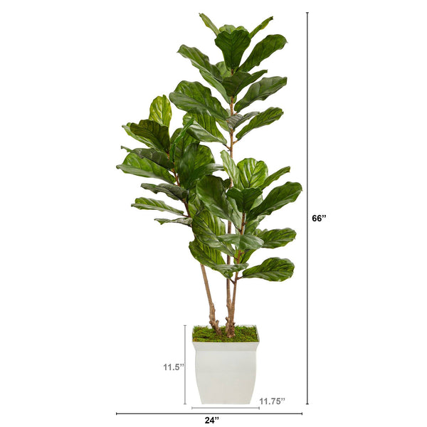 5.5’ Fiddle Leaf Artificial Tree in White Metal Planter UV Resistant ...