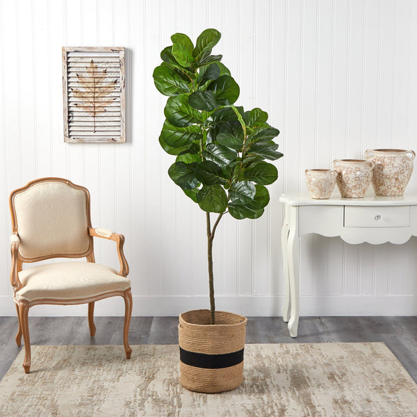 5.5’ Fiddle Leaf Fig Artificial Tree in Handmade Natural Cotton Planter ...