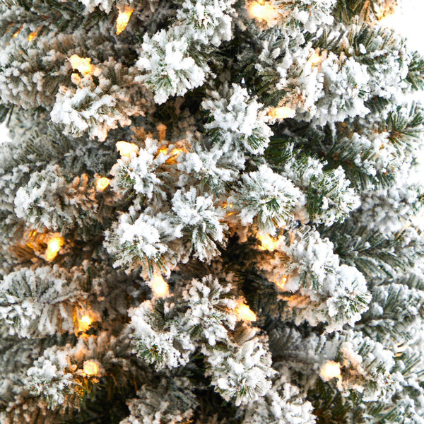 5.5’ Flocked Pencil Artificial Christmas Tree with 200 Clear Lights and 318 Bendable Branches in Decorative Urn
