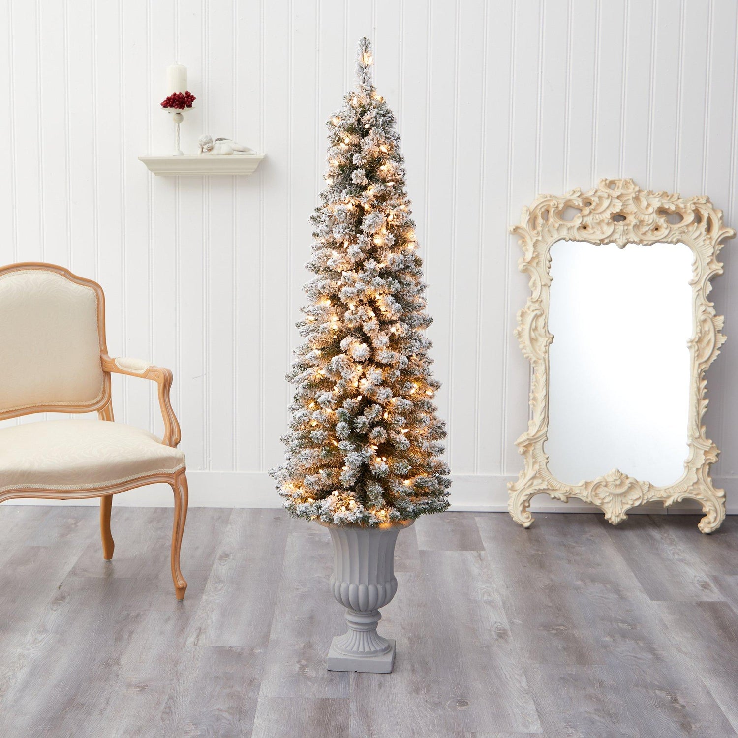 5.5’ Flocked Pencil Artificial Christmas Tree with 200 Clear Lights and 318 Bendable Branches in Decorative Urn