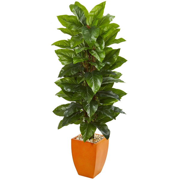 5.5’ Large Leaf Philodendron Artificial Plant in Orange Planter (Real Touch)