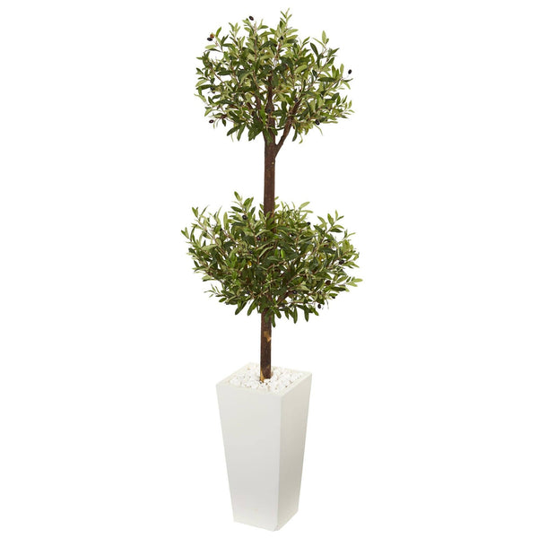 5.5' Olive Artificial Double Topiary Tree in White Tower Planter