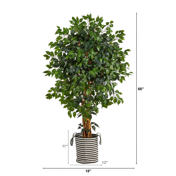 5.5’ Palace Ficus Artificial Tree in Handmade Black and White Natural Jute and Cotton Planter