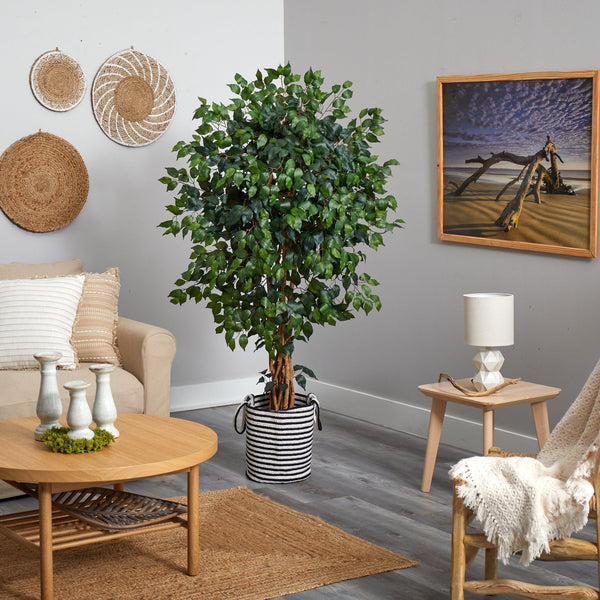 5.5’ Palace Ficus Artificial Tree in Handmade Black and White Natural Jute and Cotton Planter