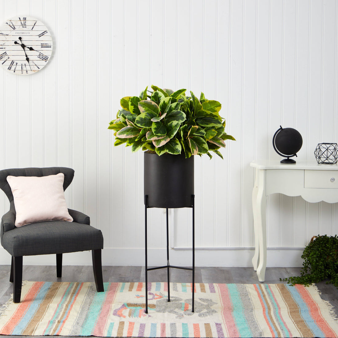 black house plant pots 55” Rubber Leaf Artificial Plant in Black Planter with Stand (Real Touch)