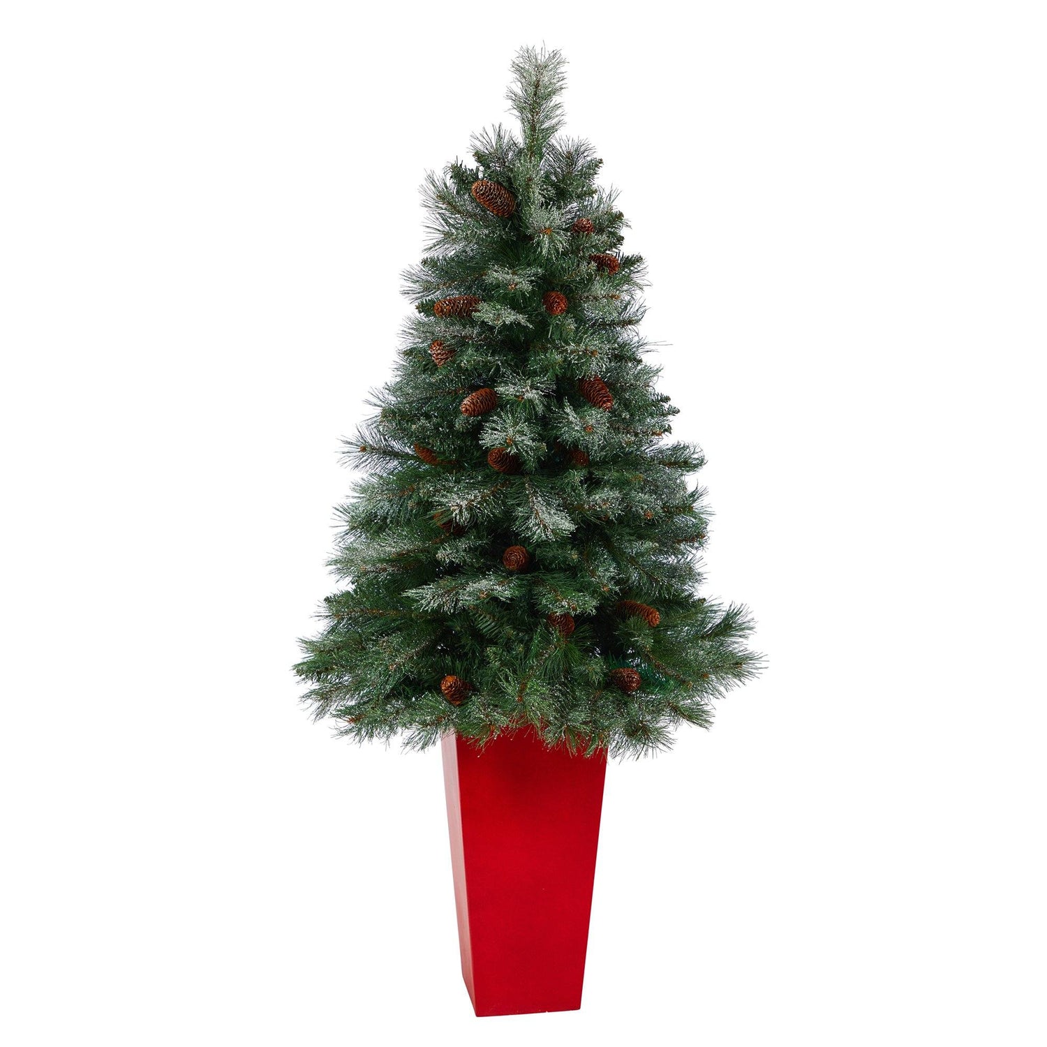 55” Snowed French Alps Mountain Pine Artificial Christmas Tree with 237 Bendable Branches and Pine Cones in Red Tower Planter