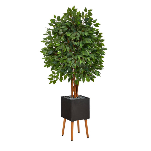 5.5’ Super Deluxe Artificial Ficus Tree in Black Planter with Stand