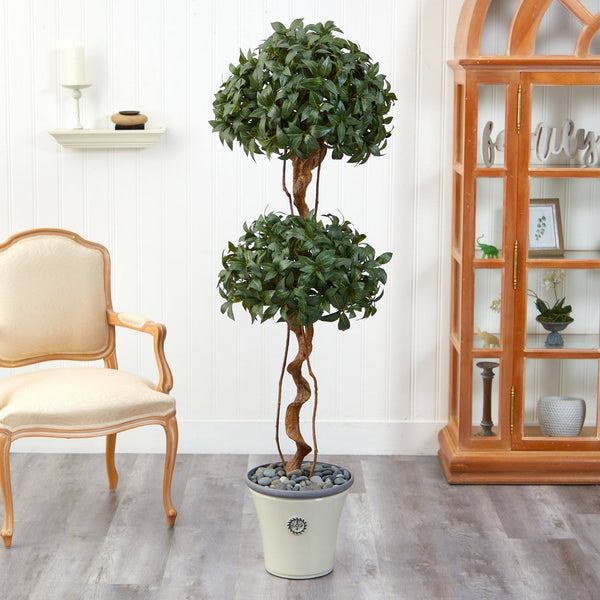 5.5’ Sweet Bay Double Ball Topiary Artificial Tree in Decorative Planter