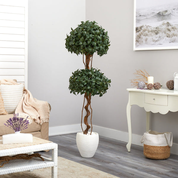 5.5’ Sweet Bay Double Ball Topiary Artificial Tree in White Planter