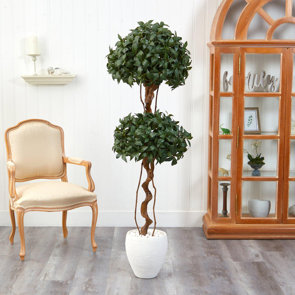 5.5’ Sweet Bay Double Ball Topiary Artificial Tree in White Planter