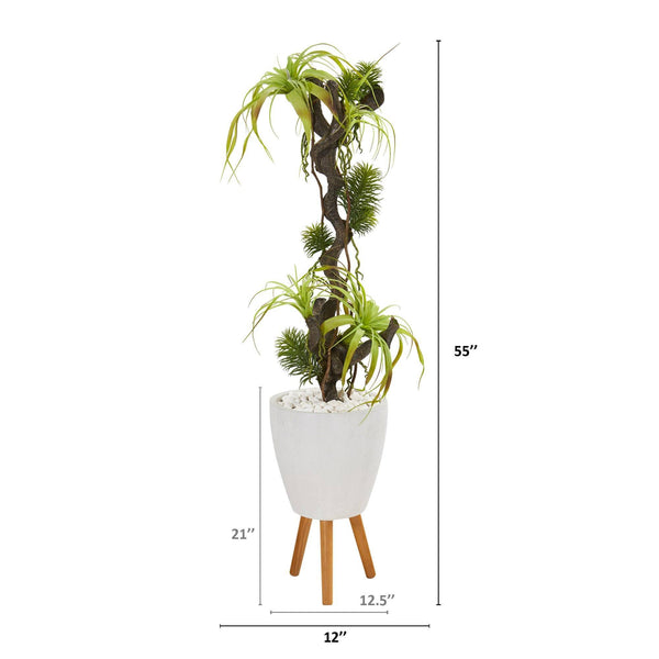 55” Tillandsia Artificial Plant in White Planter with Stand