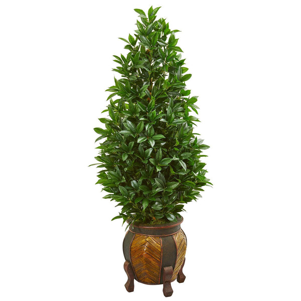 56” Bay Leaf Cone Topiary Artificial Tree in Decorative Planter