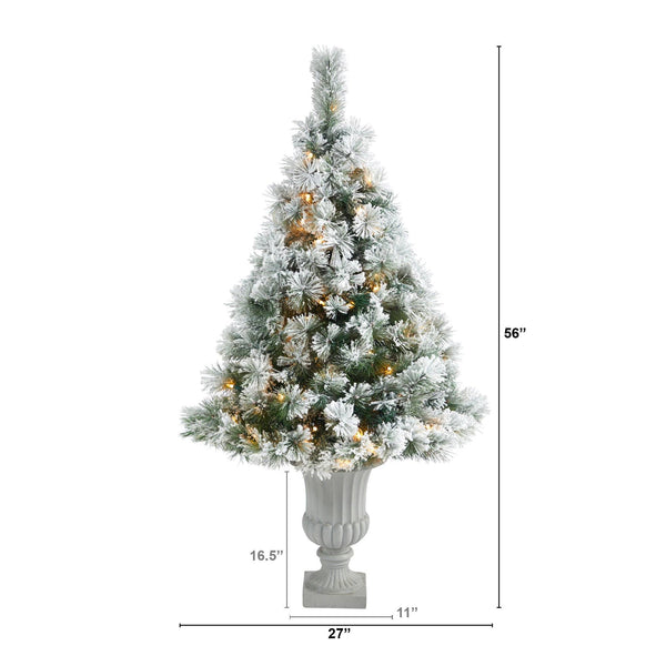 56” Flocked Oregon Pine Artificial Christmas Tree with 100 Clear Lights and 215 Bendable Branches in Decorative Urn