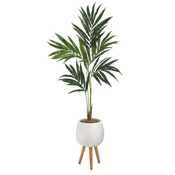 56” Kentia Artificial Palm Tree in White Planter with Stand