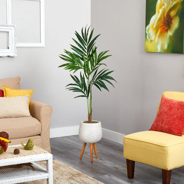 56” Kentia Artificial Palm Tree in White Planter with Stand