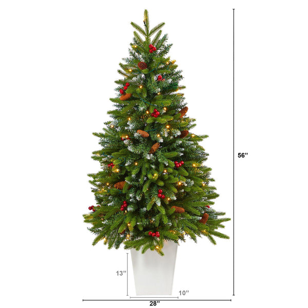 56” Snow Tipped Portland Spruce Artificial Christmas Tree with Frosted Berries and Pinecones with 100 Clear LED Lights in White Metal Planter