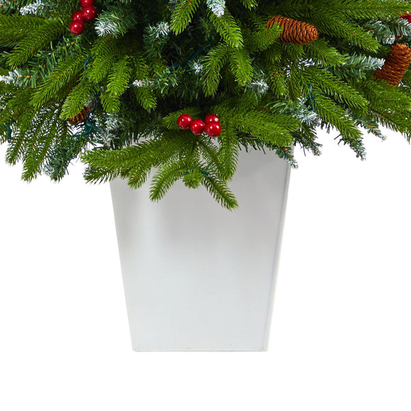 56” Snow Tipped Portland Spruce Artificial Christmas Tree with Frosted Berries and Pinecones with 100 Clear LED Lights in White Metal Planter