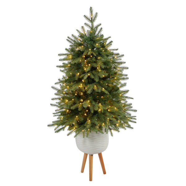 56” Vancouver Fir “Natural Look” Artificial Christmas Tree with 250 Clear LED Lights and 814 Bendable Branches in White Planter with Stand