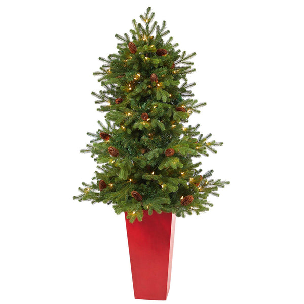 56” Yukon Mountain Fir Artificial Christmas Tree with 100 Clear Lights, Pine Cones and 386 Bendable Branches in Red Tower Planter