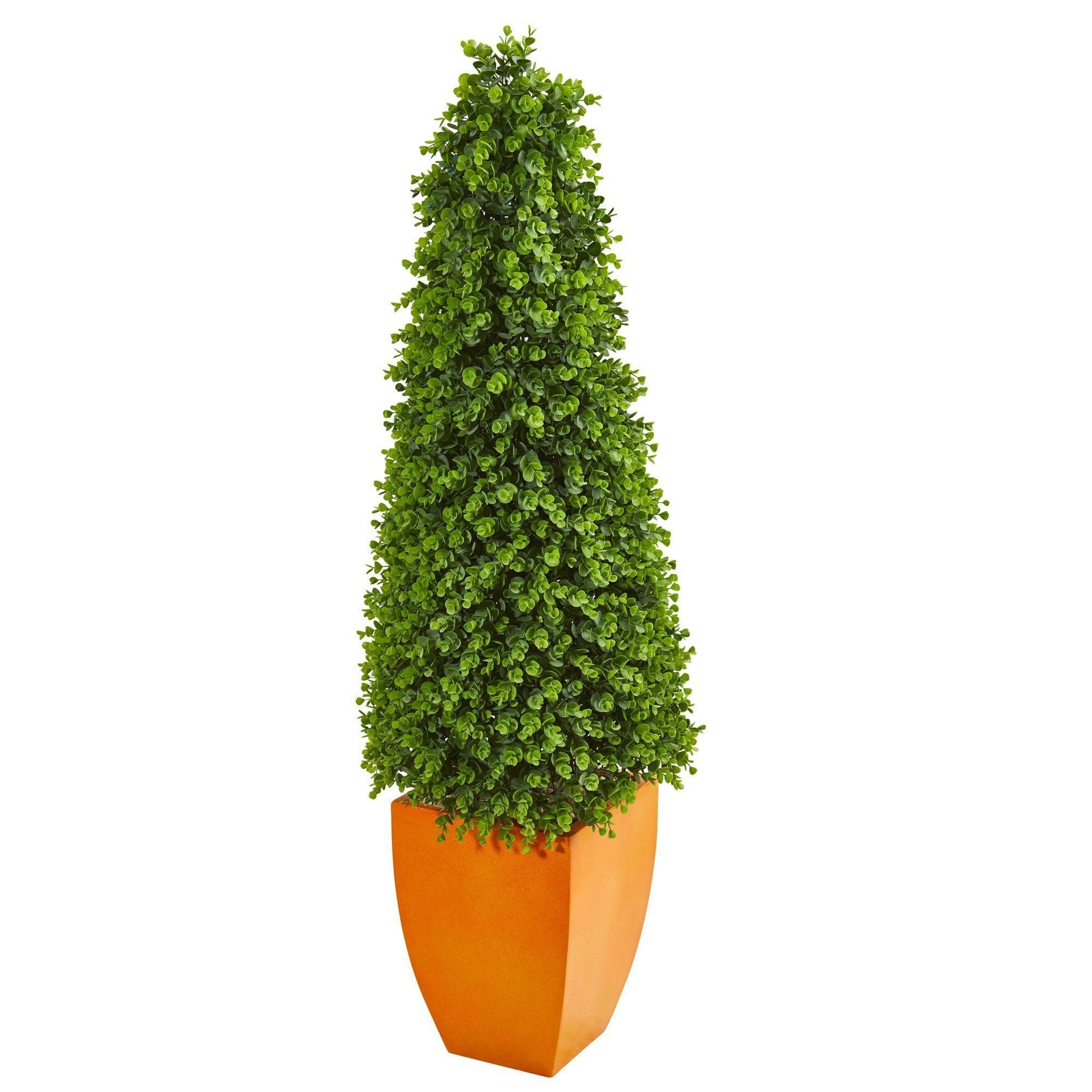 Image showcasing 57” Eucalyptus Topiary Artificial Tree in Orange Planter (Indoor ...