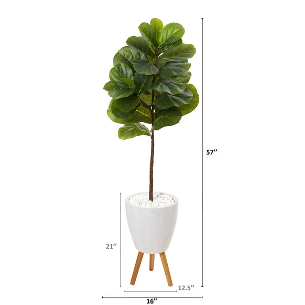 57” Fiddle Leaf Artificial Tree in White Planter with Stand (Real Touch)