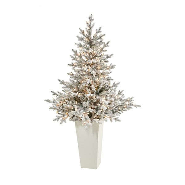 57” Flocked Fraser Fir Artificial Christmas Tree with 300 Warm White Lights and 967 Bendable Branches in Tower Planter
