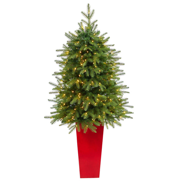 57” Vancouver Fir “Natural Look” Artificial Christmas Tree with 250 Clear LED Lights and 814 Bendable Branches in Red Tower Planter