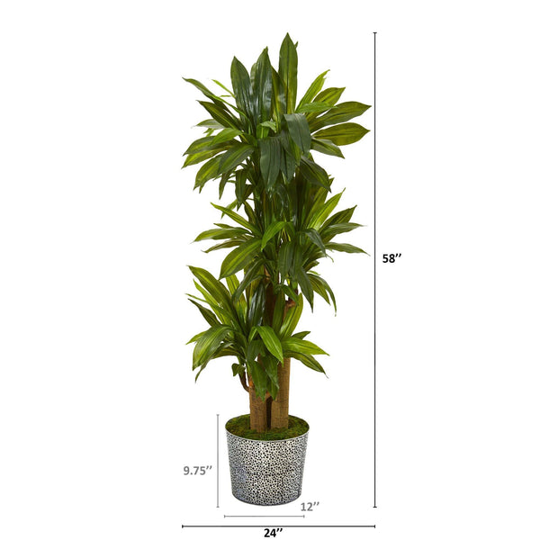 58” Corn Stalk Dracaena Artificial Plant in Black Embossed Tin Planter (Real Touch)