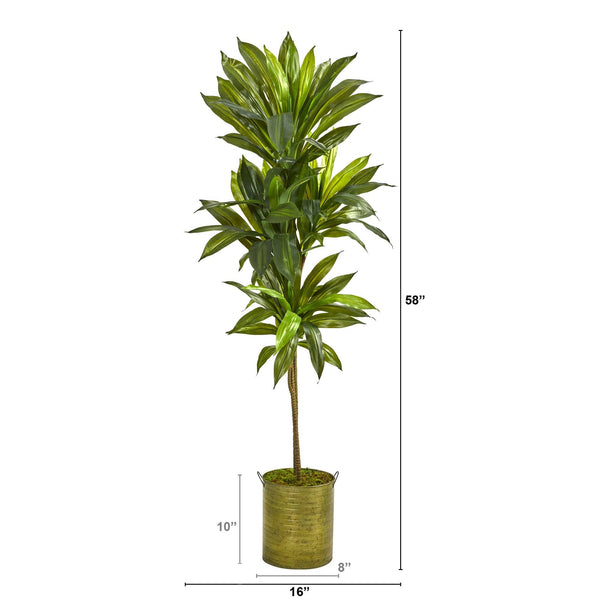 58” Dracaena Artificial Plant in Green Metal Planter (Real Touch)