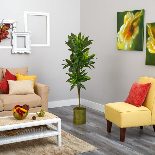 58” Dracaena Artificial Plant in Green Metal Planter (Real Touch)