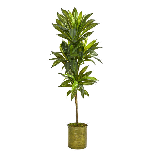 58” Dracaena Artificial Plant in Green Metal Planter (Real Touch)