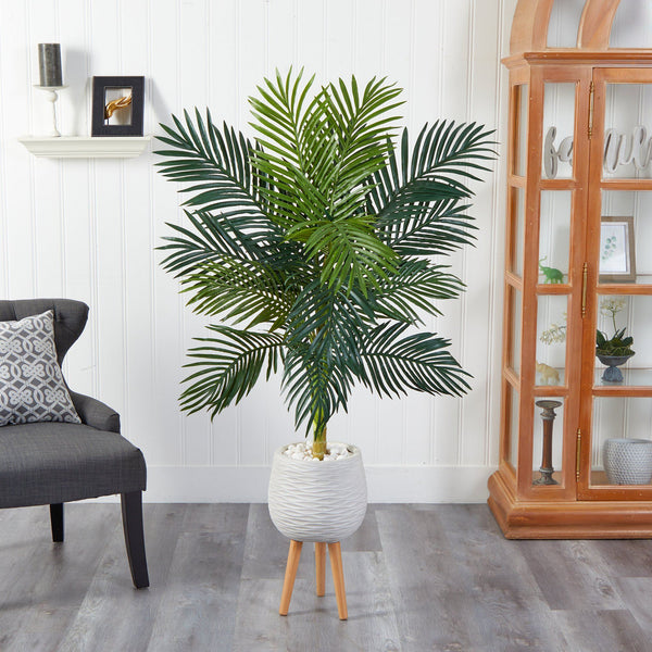 58” Golden Cane Artificial Palm Tree in White Planter with Stand