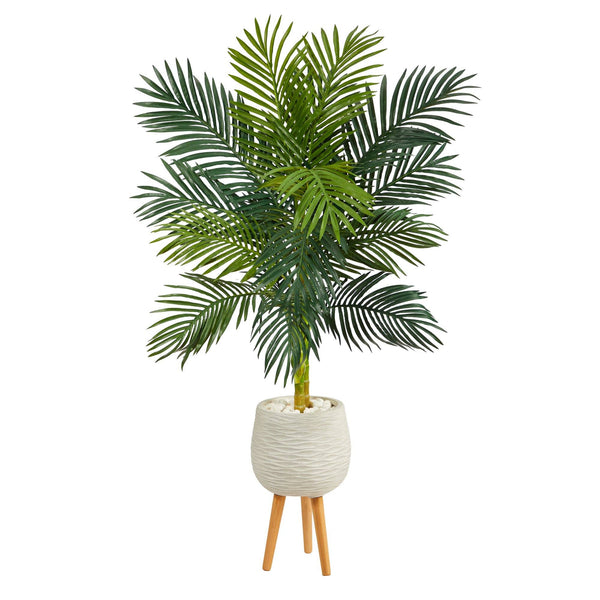 58” Golden Cane Artificial Palm Tree in White Planter with Stand