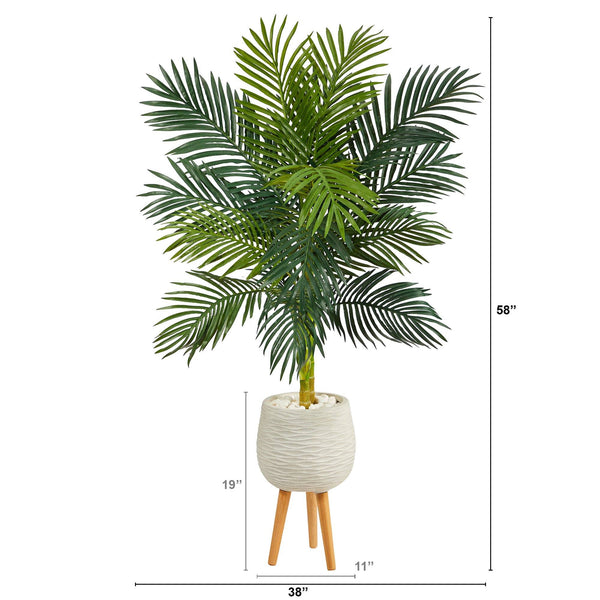 58” Golden Cane Artificial Palm Tree in White Planter with Stand