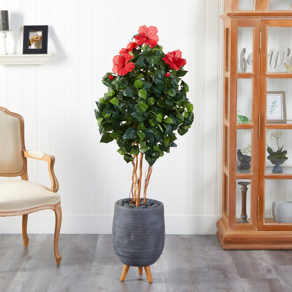 58” Hibiscus Artificial Tree in Gray Planter with Stand