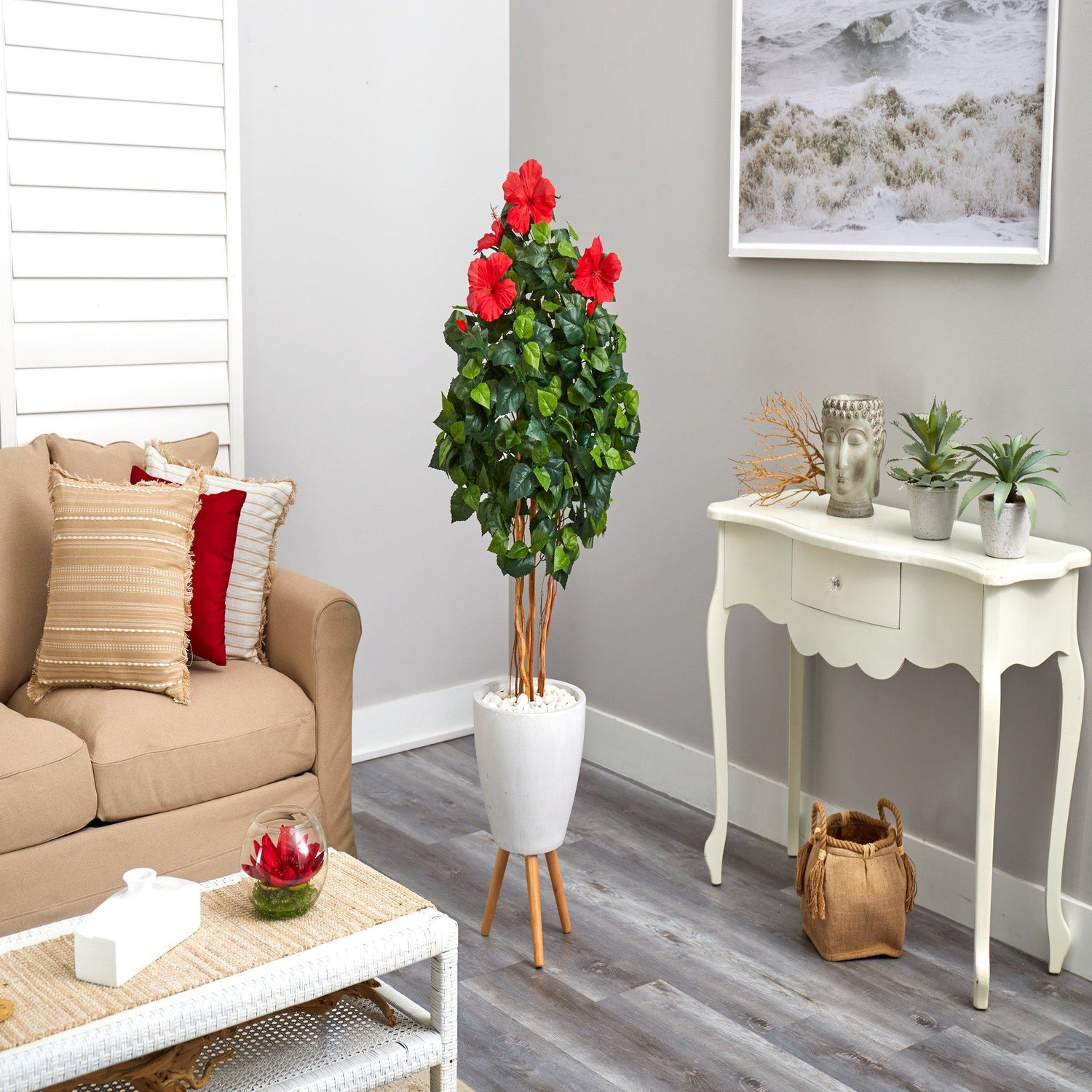 58” Hibiscus Artificial Tree in White Planter with Stand