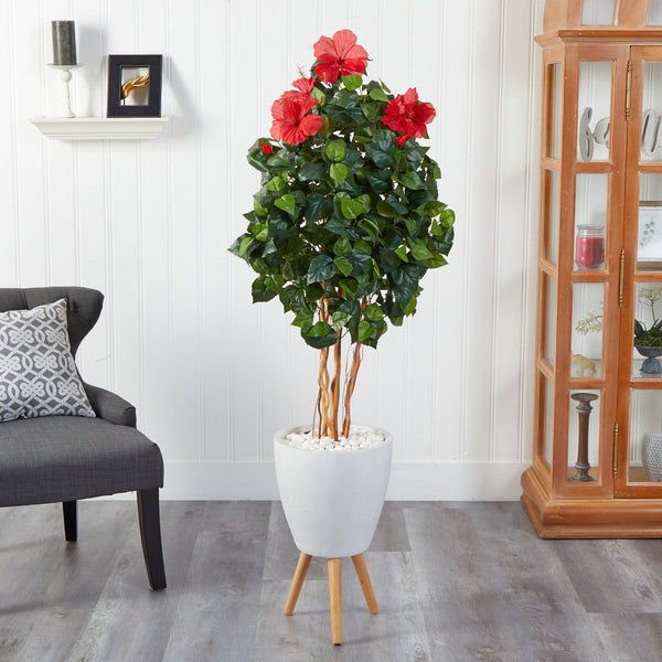 58” Hibiscus Artificial Tree in White Planter with Stand