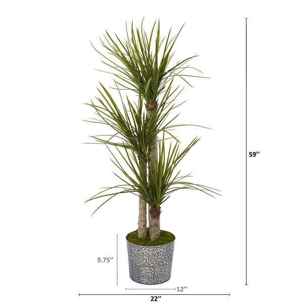 59” Yucca Artificial Tree in Black Embossed Tin Planter