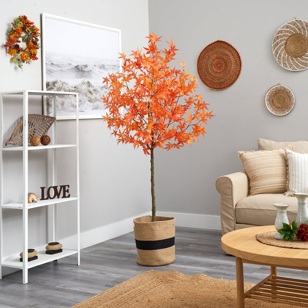 6' Artificial Autumn Maple Tree with Handmade Jute & Cotton Basket